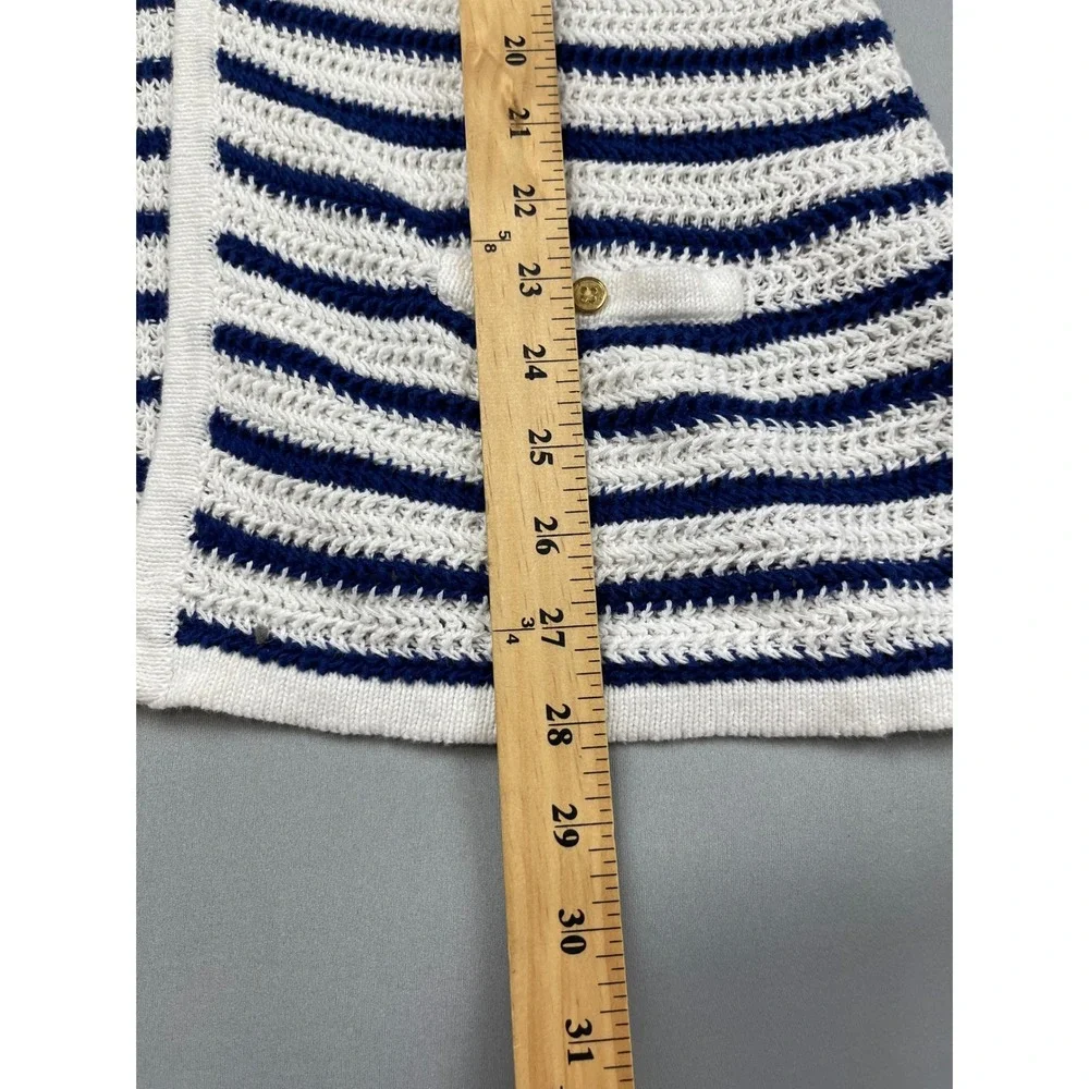 Lands‎ End Womens Medium White Navy Blue Striped Linen Cotton Cardigan Sweater